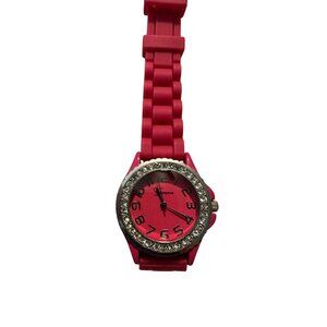 Geneva Womens Pink Silicone Watch With Rhinestone Bezel & Stainless Steel Back W